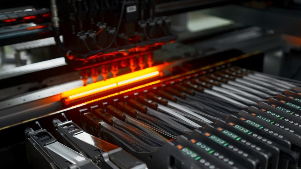 Electronic circuit boards production and installation of SMD components. Creative. Needle automatic