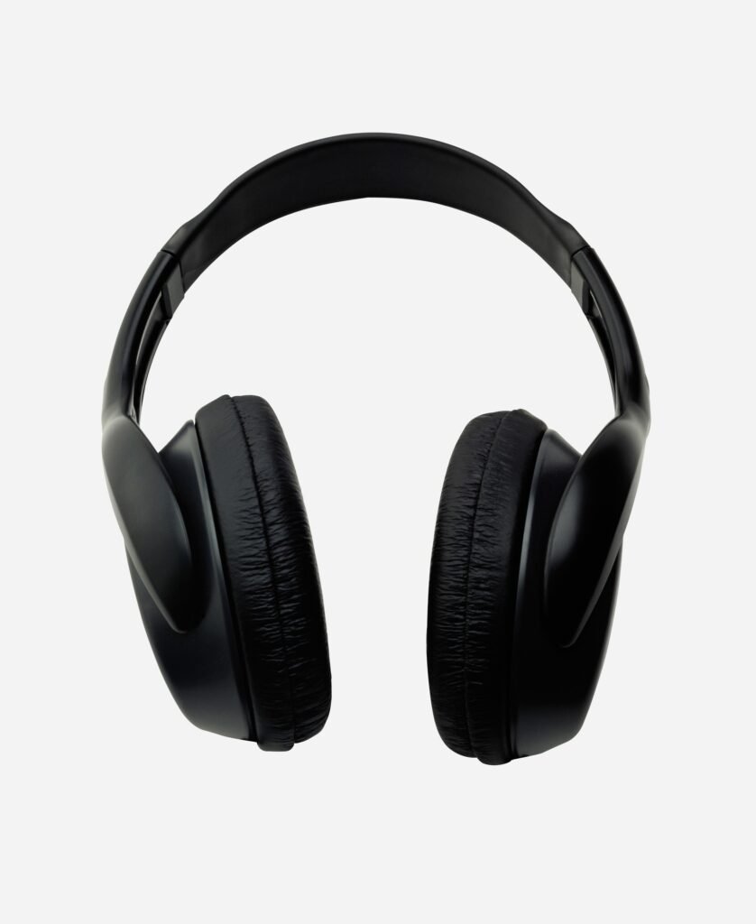 Modern black wireless headphones isolated on white