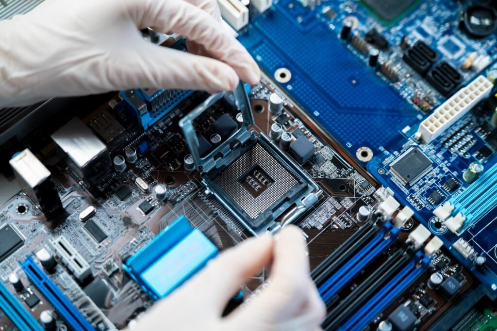 pcb motherboard of computer. cpu socket for processor chip