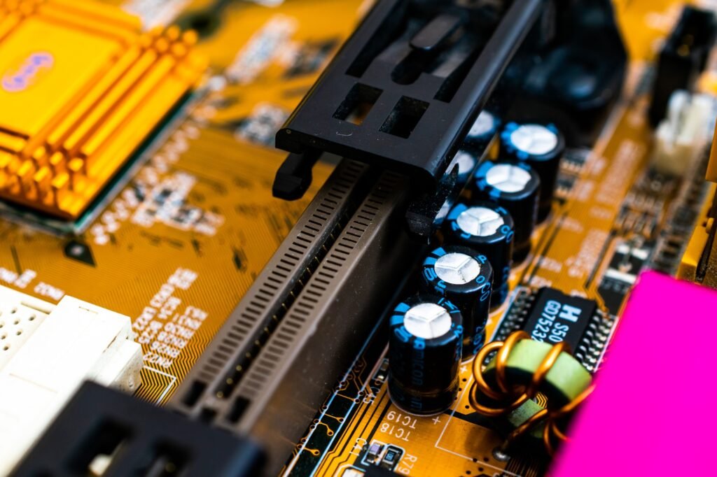 Closeup of electronic circuit board or PCB printed circuit board
